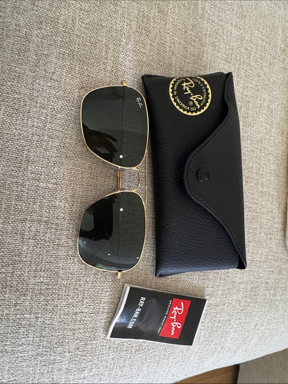 Ray-Ban Gold Frame Sunglasses with Black Lenses and Black Case